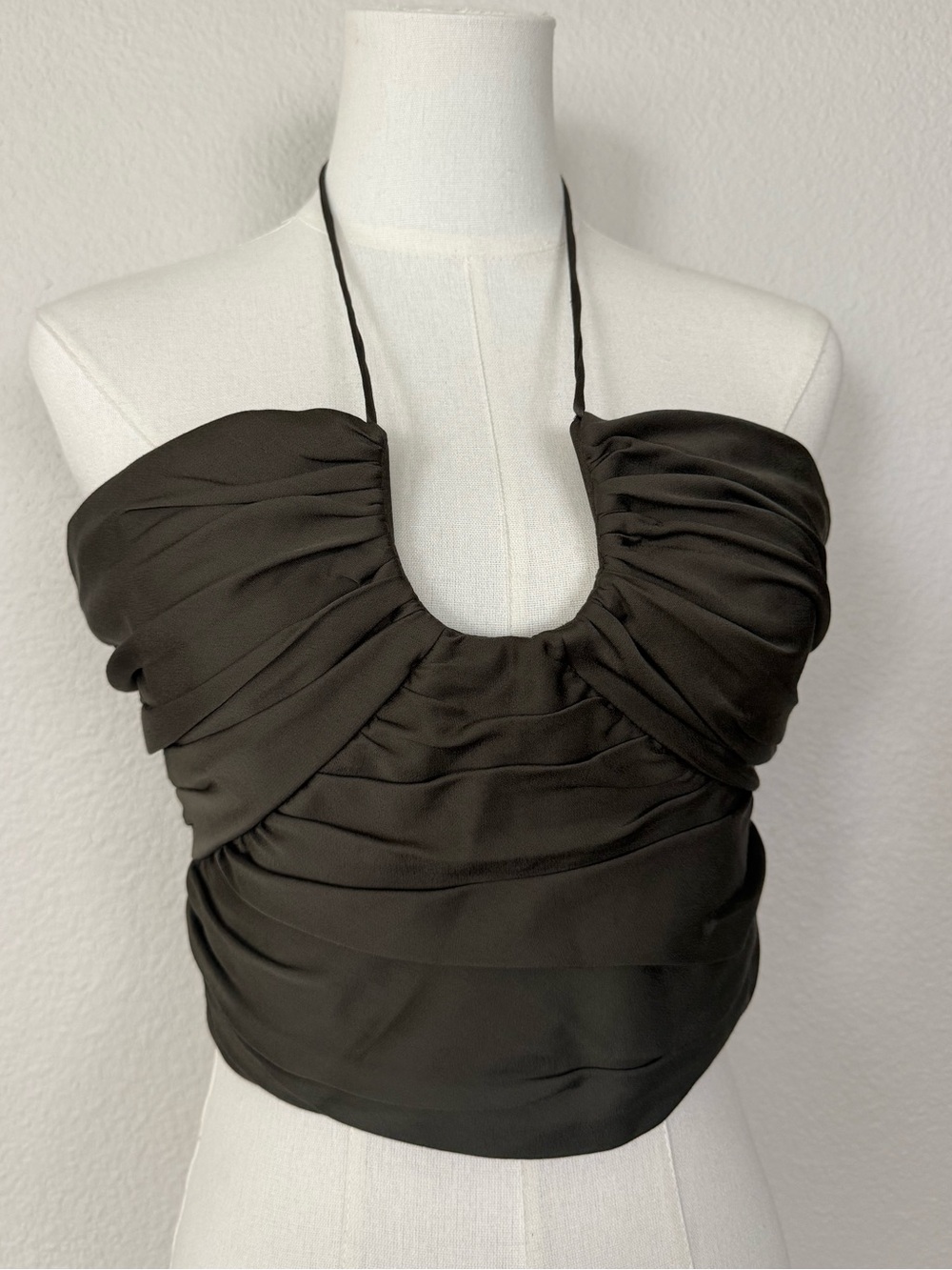 Zara Satin Effect Draped Halter Cropped Top in Dark Khaki Medium